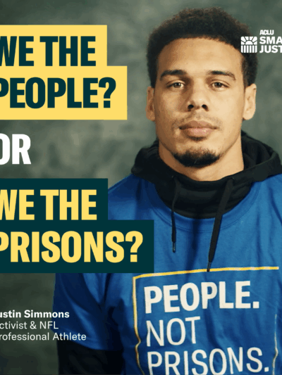 Photograph of Justin Simmons, activist and professional athlete, with the text "we the people? or we the prisons?"