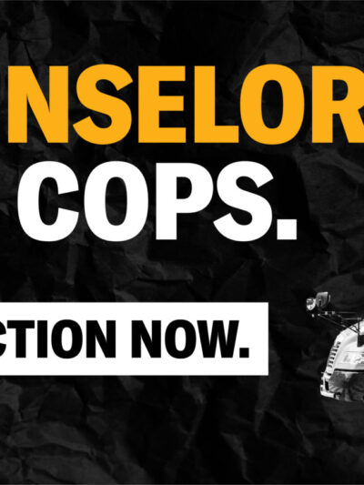 a banner that reads "counselors, not cops. Take action now"