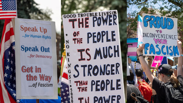 Three images side by side of people holding signs at protests