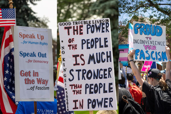 Three images side by side of people holding signs at protests