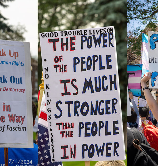 Three images side by side of people holding signs at protests