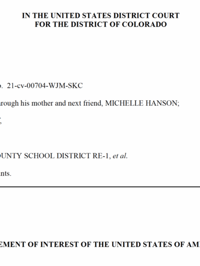 Photo of first page of Statement of Interest by the US Department of Justice in ACLU of Colorado's case against Douglas County School District
