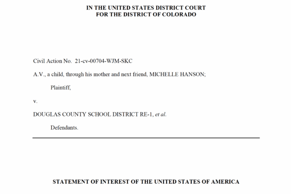 Photo of first page of Statement of Interest by the US Department of Justice in ACLU of Colorado's case against Douglas County School District