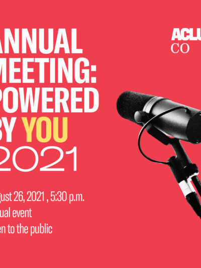 Graphic banner on red background with text "Annual meeting: powered by you 2021 August 26, 2021, open to the public, 5:30 p.m., virtual event"