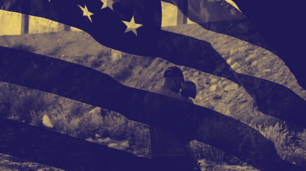 Black and sepia photo of the U.S. flag