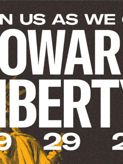 Save the date: toward liberty celebrating 70 years of action 09 29 22 text next to stylized, yellow-tinted photo of protesters