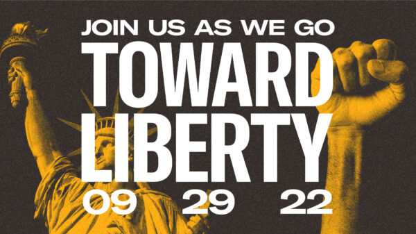 Save the date: toward liberty celebrating 70 years of action 09 29 22 text next to stylized, yellow-tinted photo of protesters