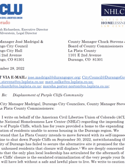 Screenshot of letter sent to City of Durango by ACLU of Colorado and NHLC