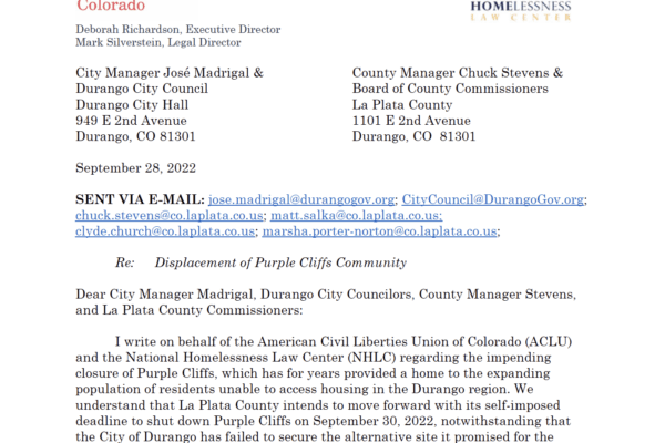 Screenshot of letter sent to City of Durango by ACLU of Colorado and NHLC