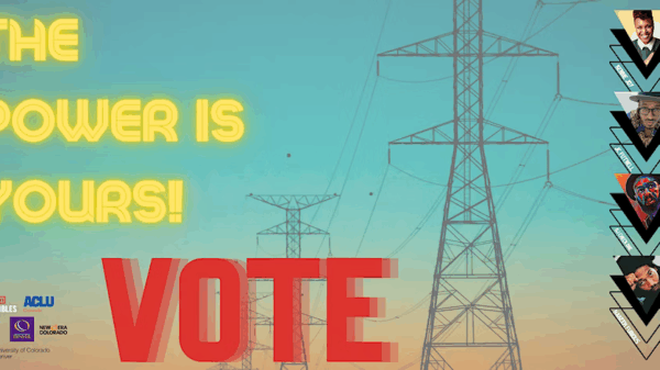 The power is yours! vote text over background of electricity pylons and sunset sky