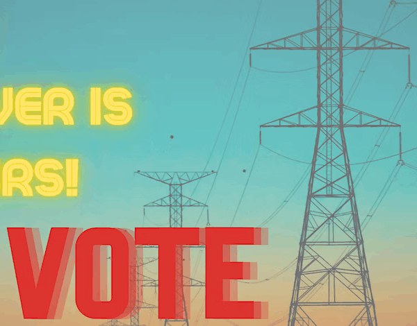 The power is yours! vote text over background of electricity pylons and sunset sky