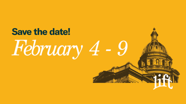 Save the date! February 4 - 9 text with image of colorado state capitol building