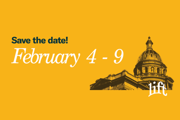Save the date! February 4 - 9 text with image of colorado state capitol building