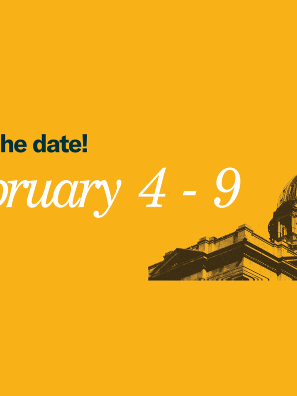 Save the date! February 4 - 9 text with image of colorado state capitol building