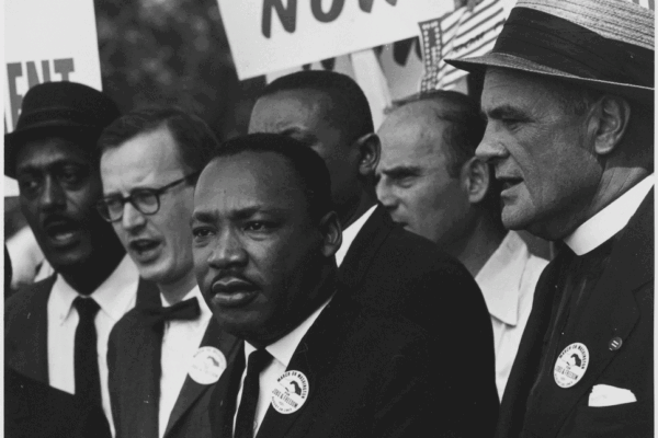 Civil Rights March on Washington, D.C. [Dr. Martin Luther King, Jr. and Mathew Ahmann in a crowd.], National Archives Catalog, Produced: August 28, 1963.