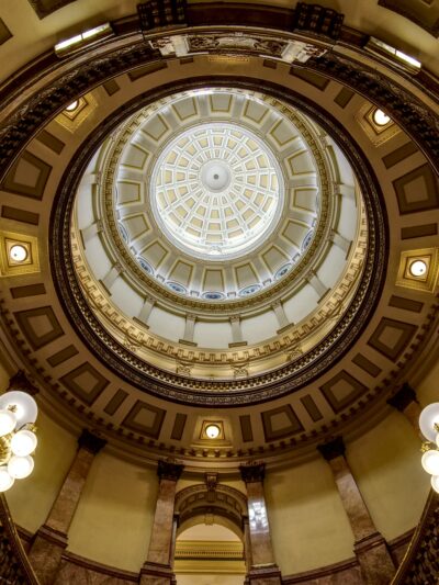 Photo of Colorado State Capitol's rotunda interior looking up at the dome