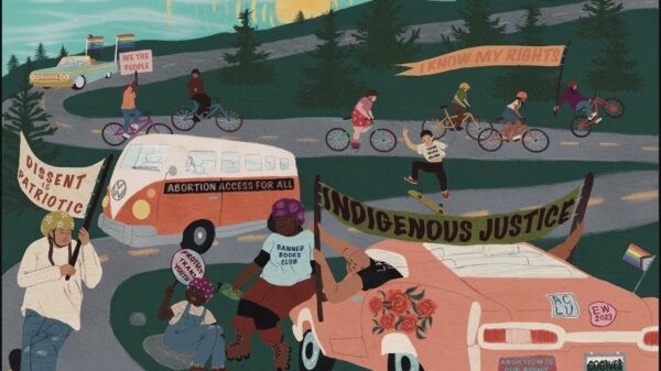 Artistic painting of people and cars traveling down a road displaying signs of civil rights issues