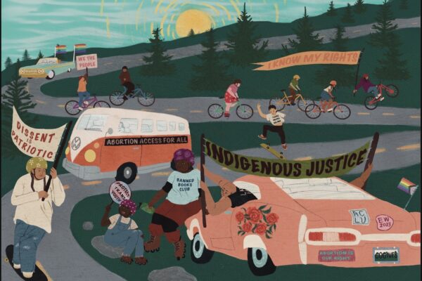 Artistic painting of people and cars traveling down a road displaying signs of civil rights issues