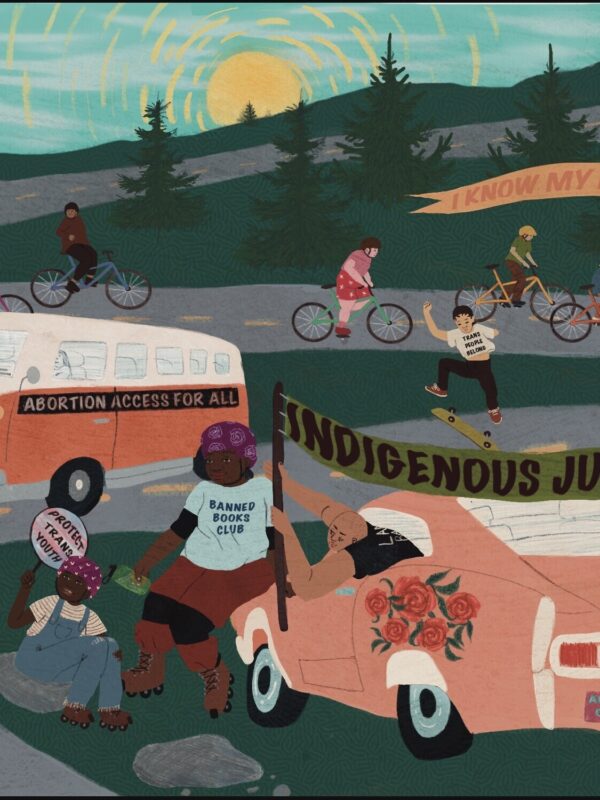 Artistic painting of people and cars traveling down a road displaying signs of civil rights issues