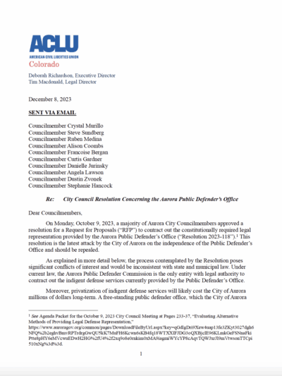 Screenshot of the letter sent to Aurora City Council regarding resolution 118