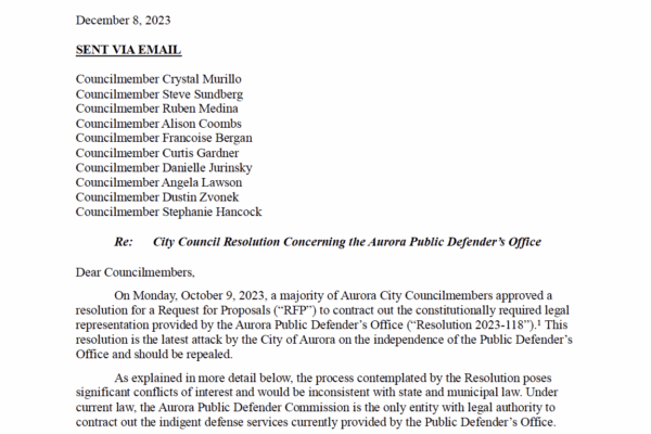 Screenshot of the letter sent to Aurora City Council regarding resolution 118