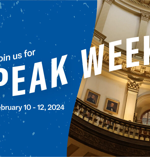 Join us for PEAK Week February 10-12, 2024 text next to photo of inside of Colorado State Capitol building