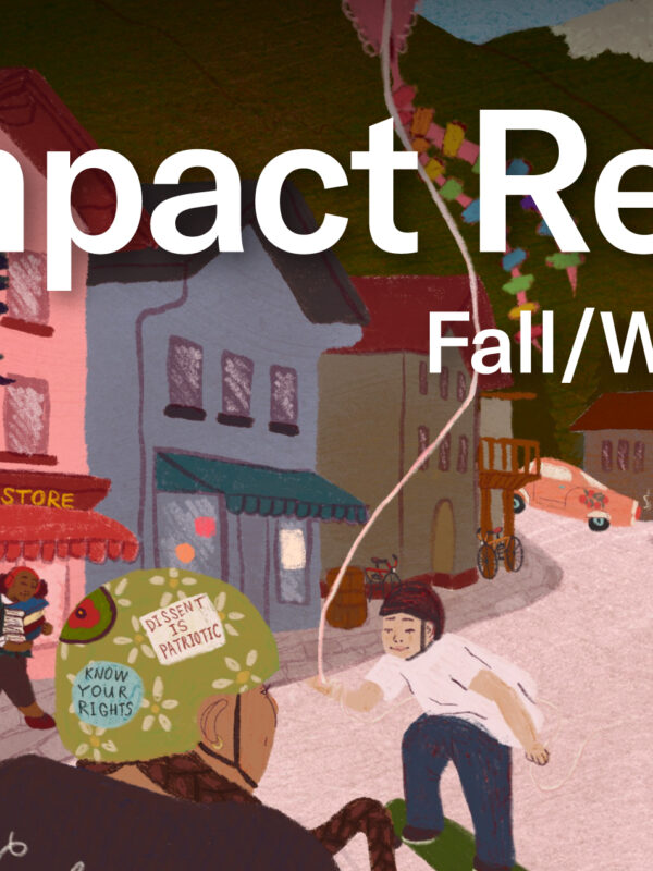 impact report fall/winter 2024 text over artistic drawing of a small mountain town with people doing various activities and messages supporting civil liberties on display