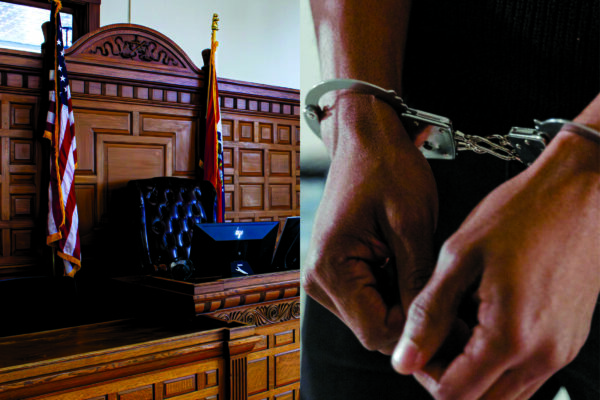 Judge podium next to someone in handcuffs