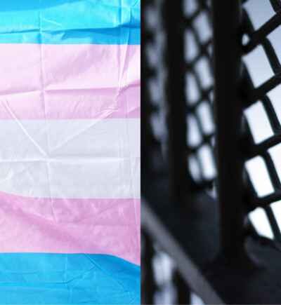 Picture of a trans pride flag next to a photo of prison bars