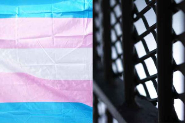 Picture of a trans pride flag next to a photo of prison bars