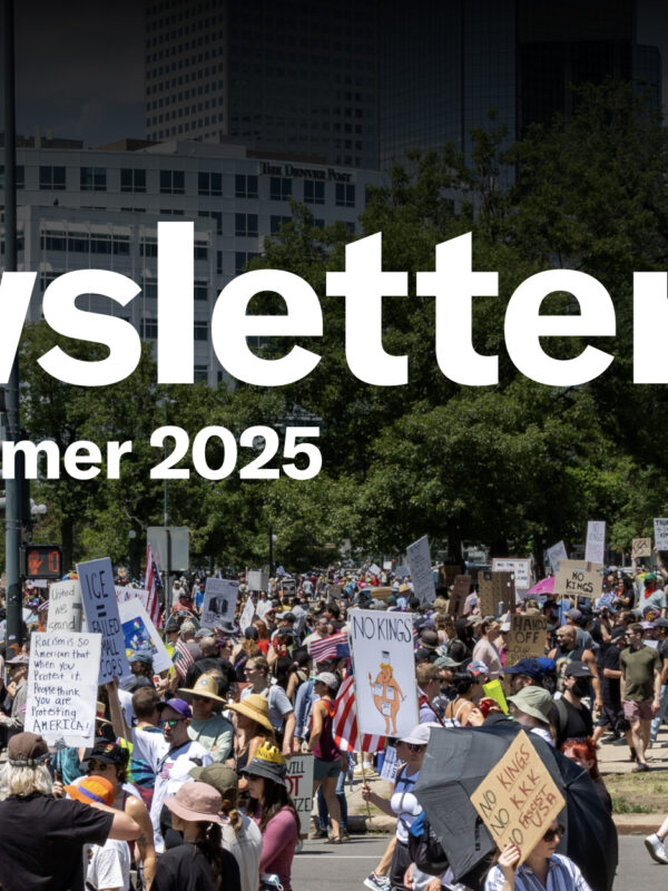 Out now newsletter spring/summer 2025 text over photograph of protesters holding up signs