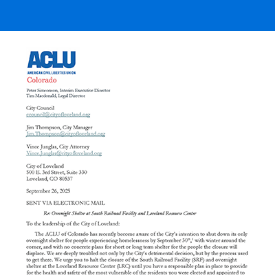 ACLU of Colorado letter to loveland on a blue background