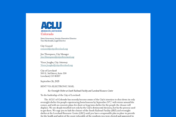 ACLU of Colorado letter to loveland on a blue background