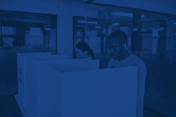 Blue tinted photo of people at a voting booth