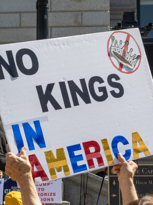 Protestor holding sign with text saying No Kings in America