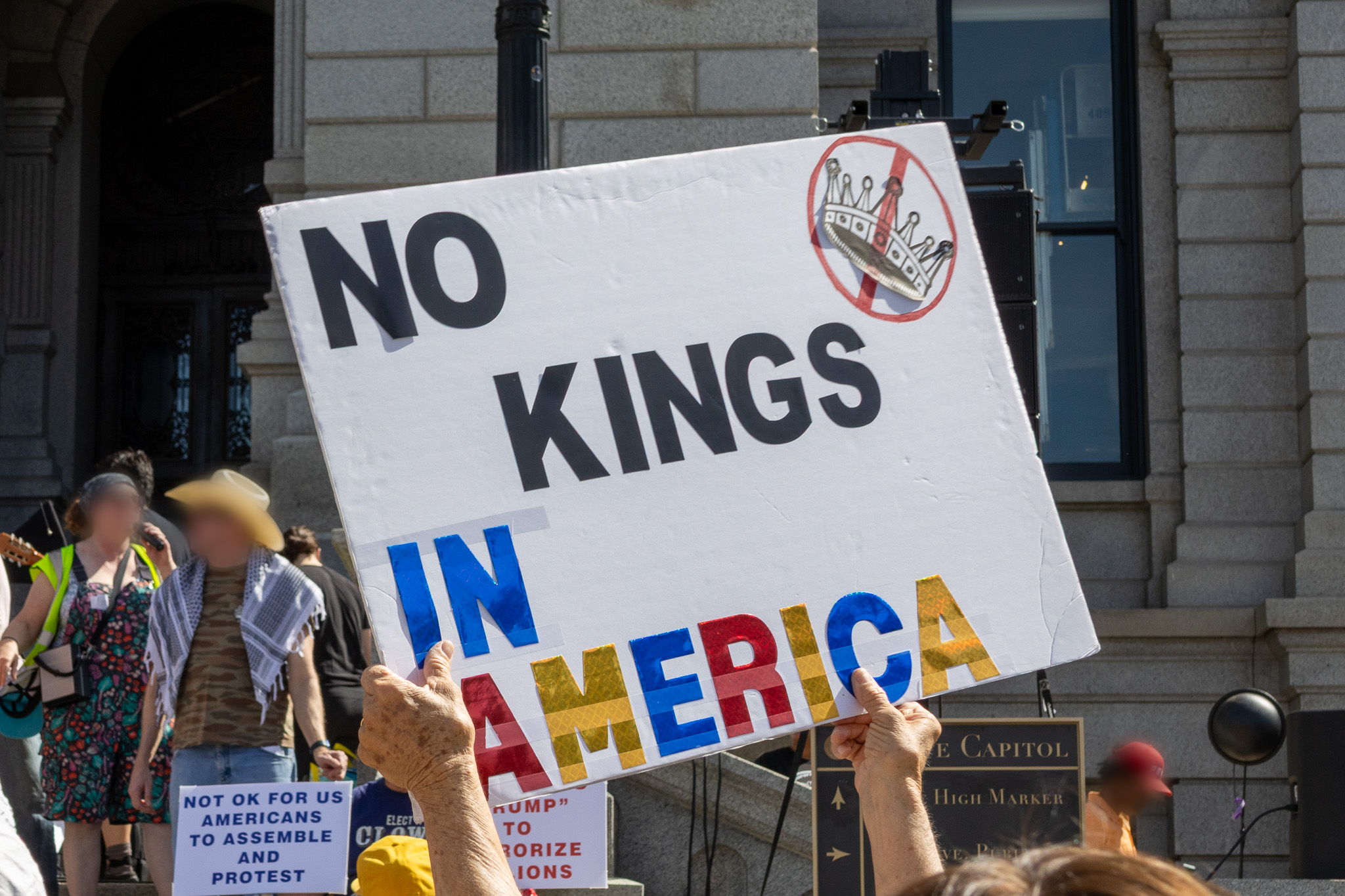 Protestor holding sign with text saying No Kings in America