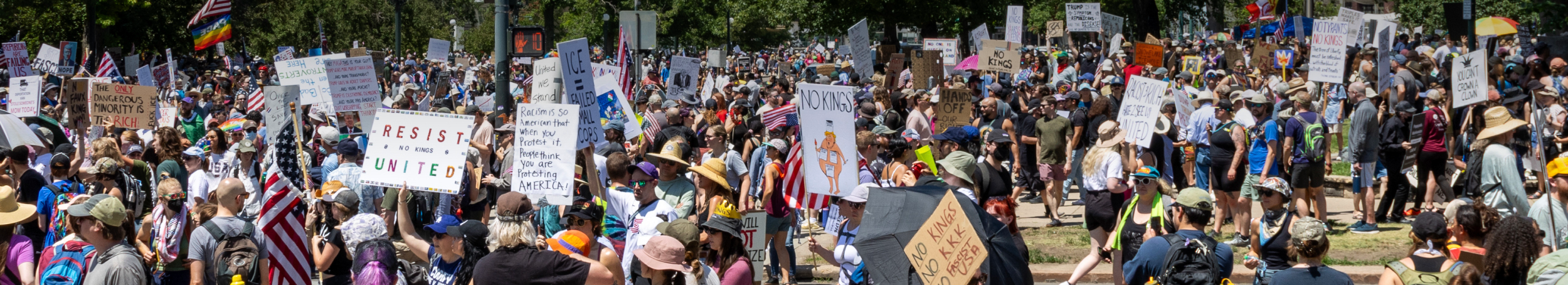 Photo of people holding signs at a protest, slightly elevated point of view into the crowd
