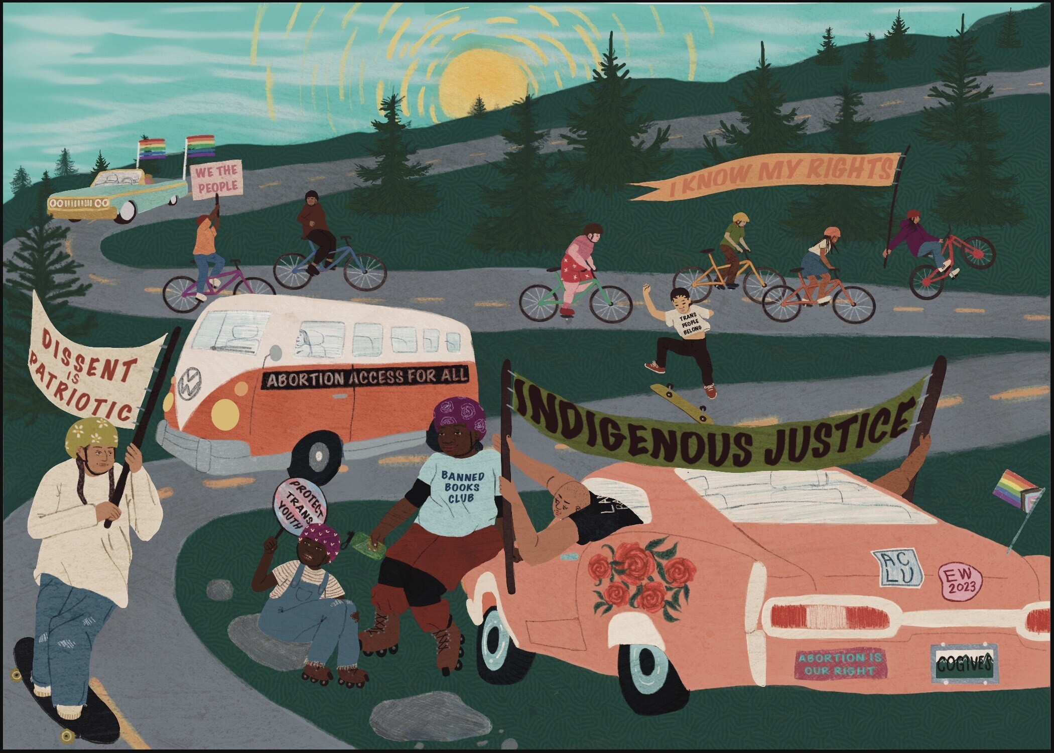 Artistic painting of people and cars traveling down a road displaying signs of civil rights issues