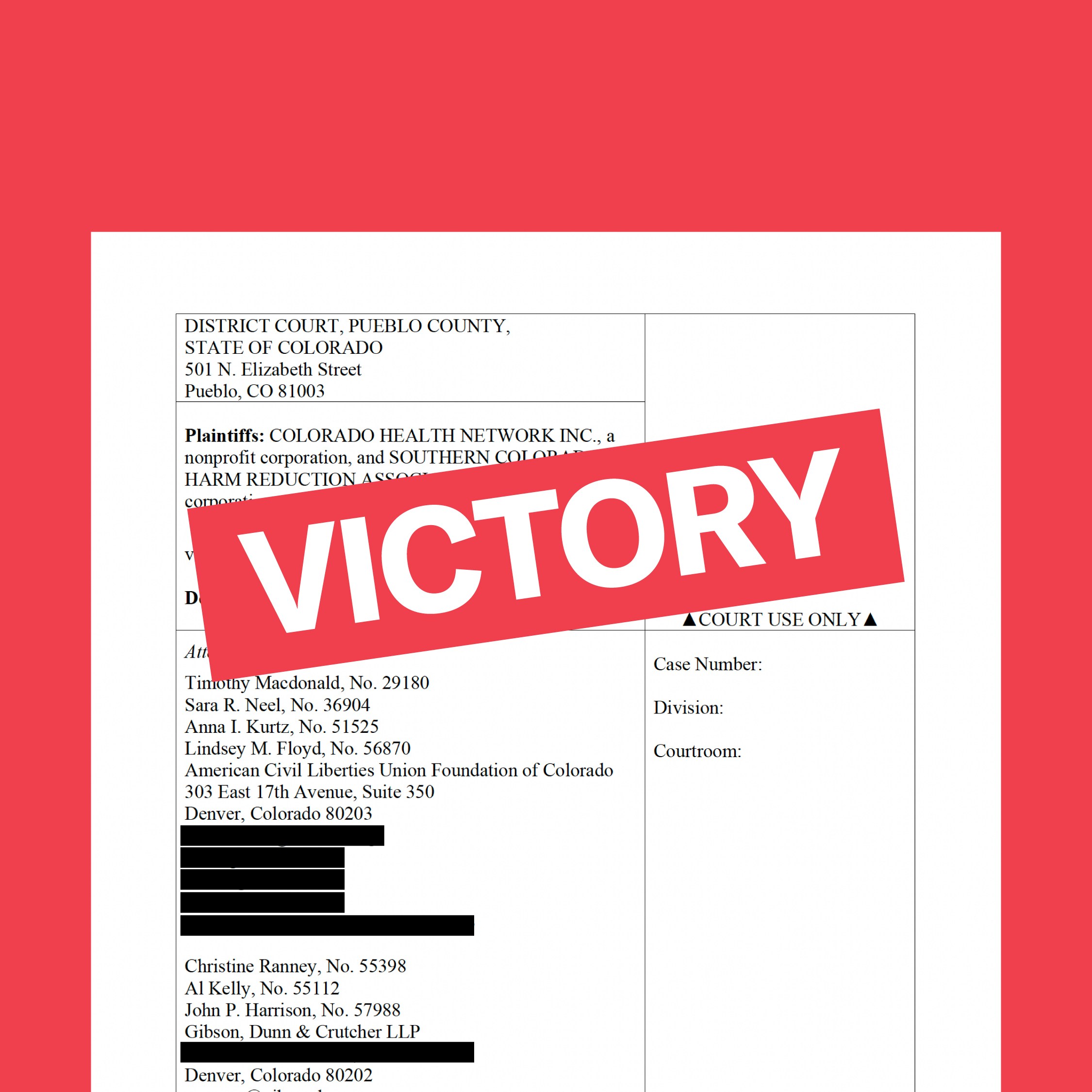 Pueblo syringe motion for temporary restraining order with victory header over the text