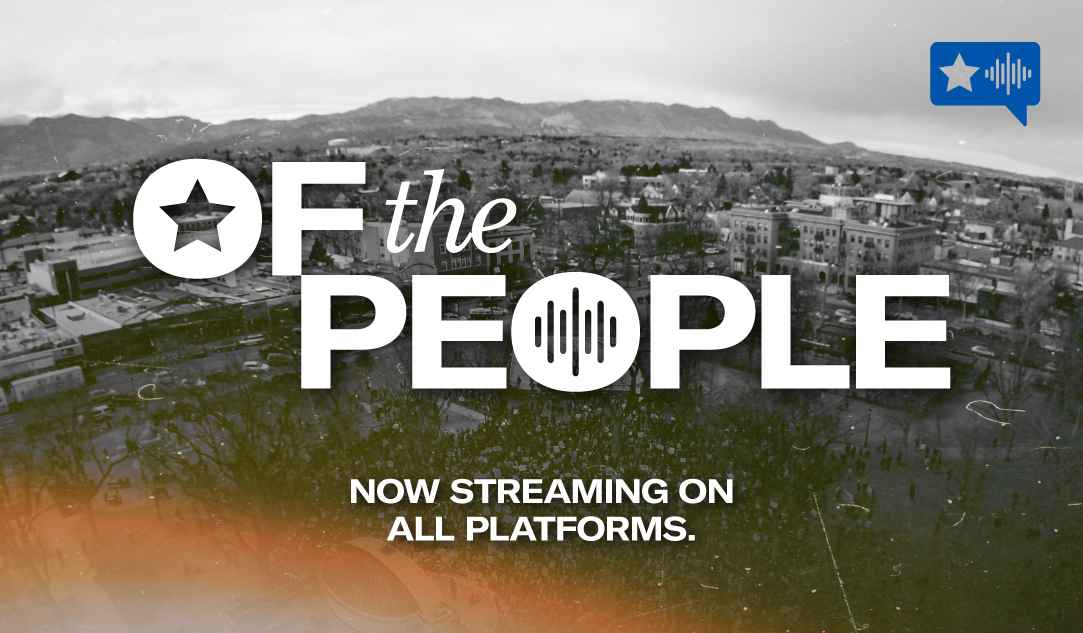 Of the People now streaming on all platforms text in front of monochrome image of a town near mountains