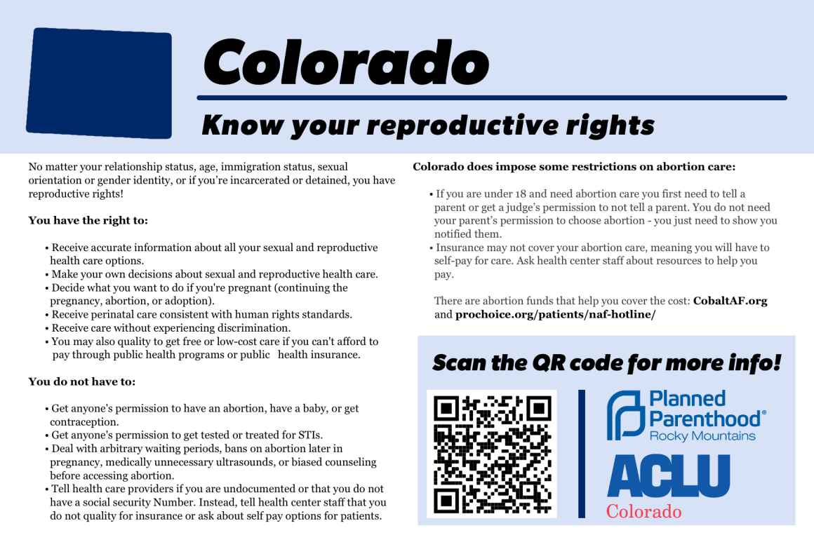 Colorado know your reproductive rights card with know your rights informations