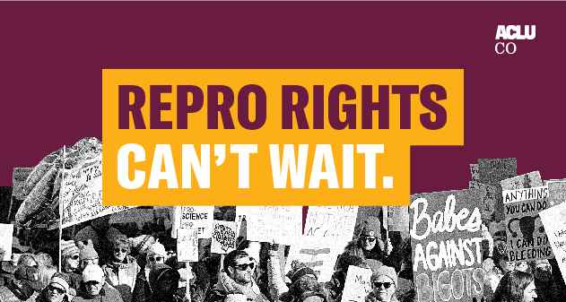 Graphic banner with text "Repro Rights Can't Wait" in front of image of protest