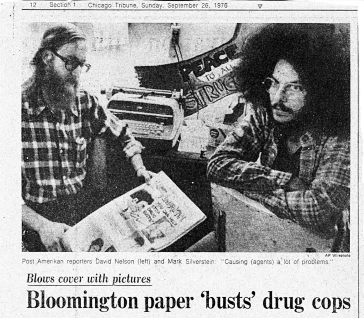 Photo of Mark Silverstein on a news article from 1976 titled "Bloomington paper 'busts' drug cops"