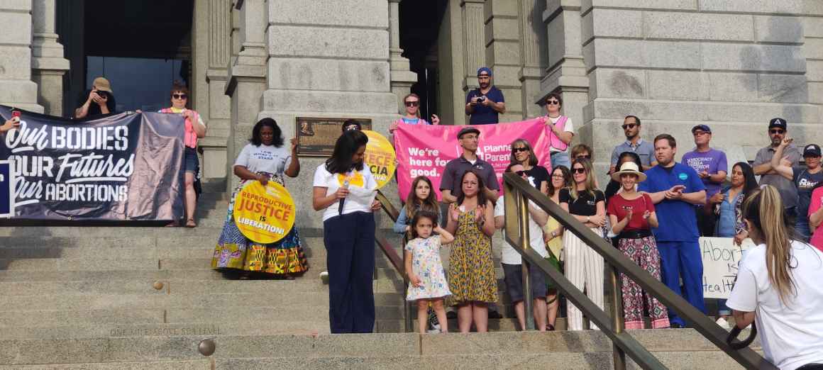 Asma Keeler, Staff Attorney, speaking at bans off our bodies rally at the Colorado State Capitol