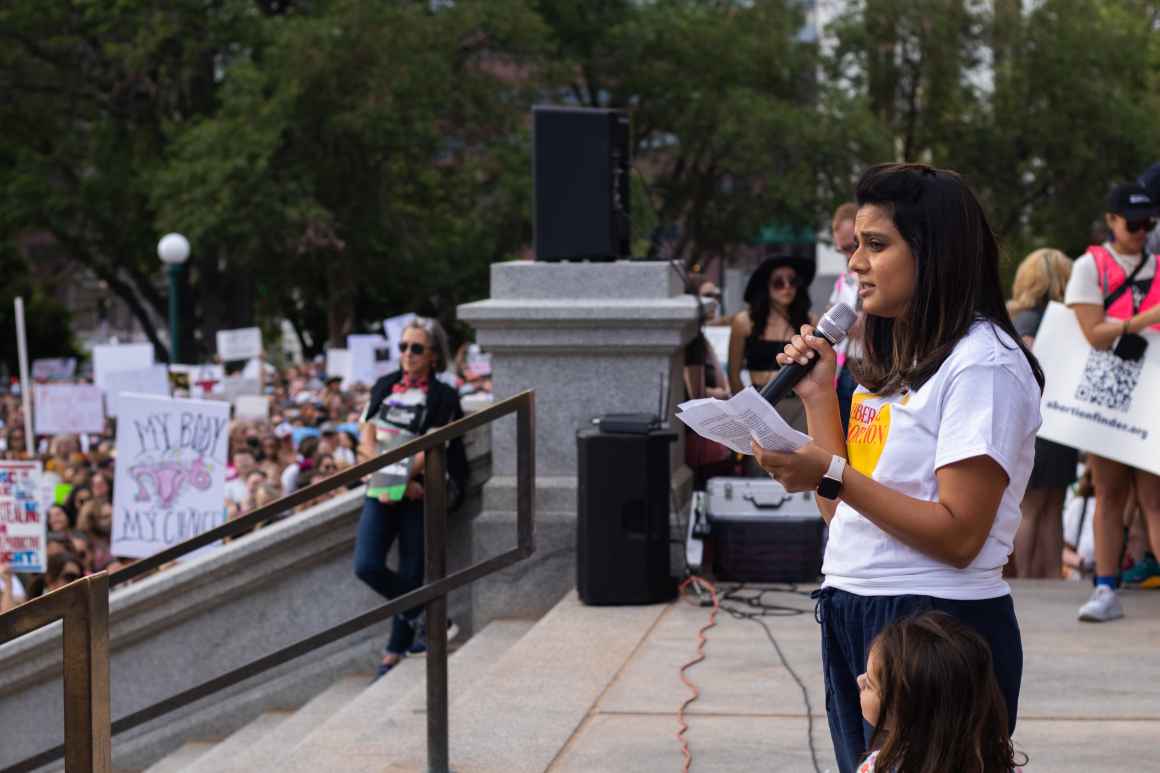 Asma Keeler, Staff Attorney, speaking at bans off our bodies rally at the Colorado State Capitol