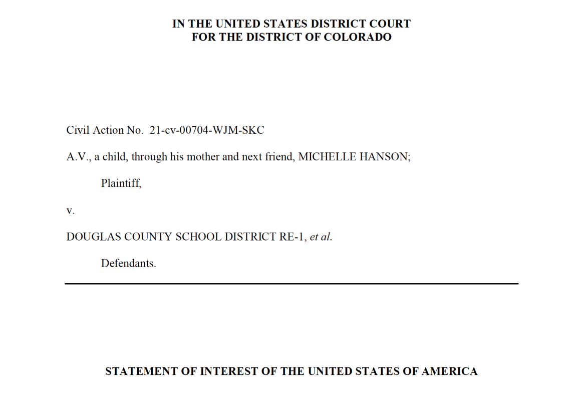 Photo of first page of Statement of Interest by the US Department of Justice in ACLU of Colorado's case against Douglas County School District