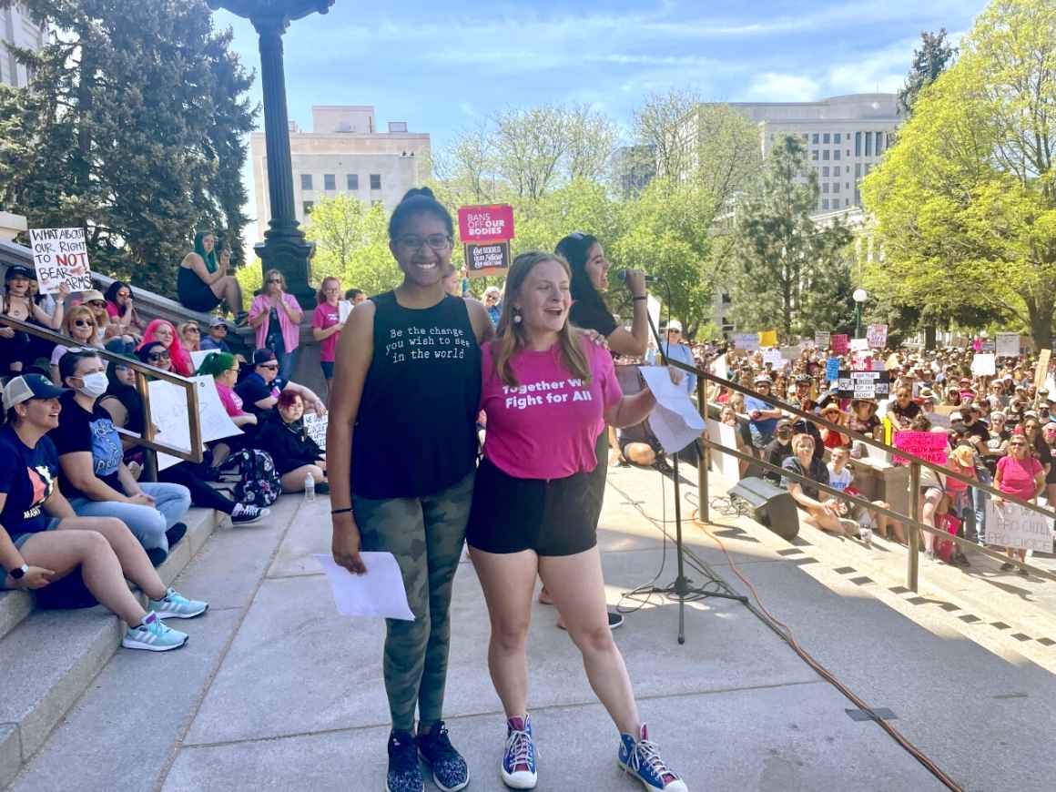 Photo of east high school students Jadyn and Sofia at bans off our bodies rally in Downtown Denver