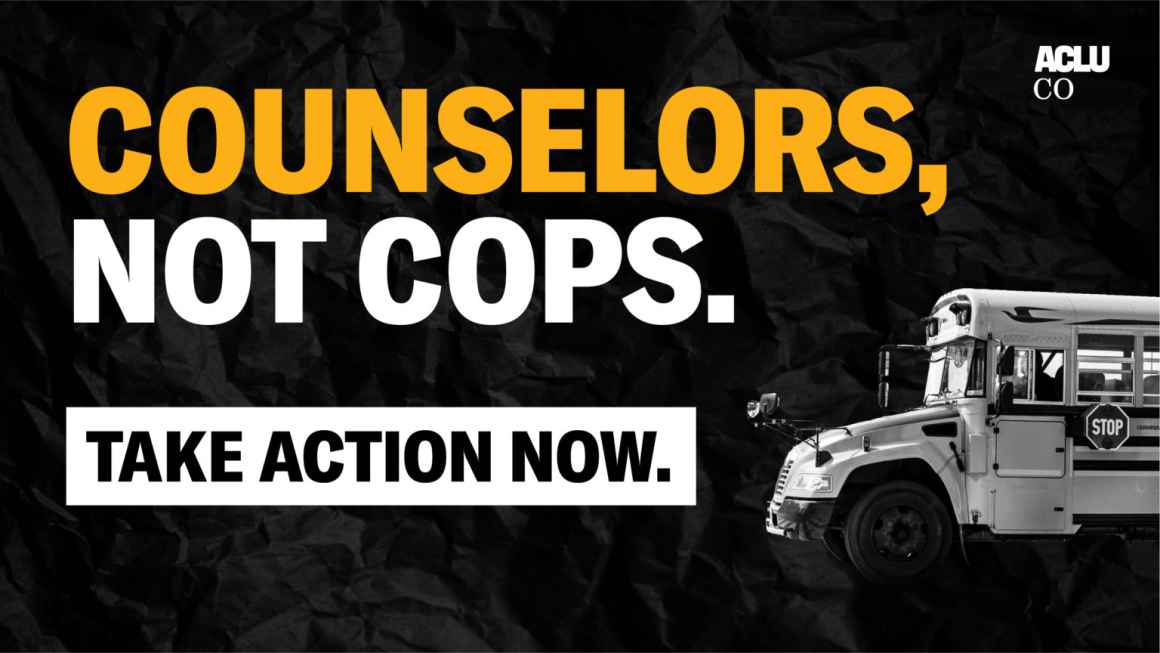 a banner that reads "counselors, not cops. Take action now"