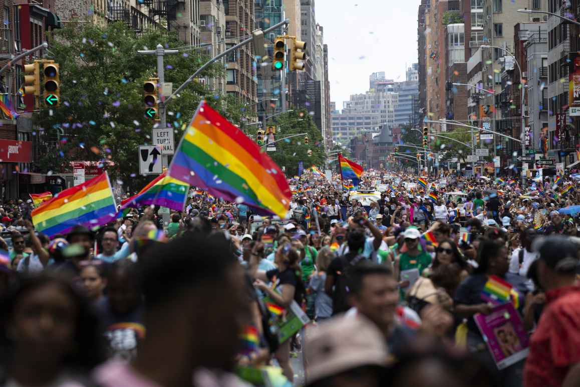 Marchers celebrate Manhattan's annual Pride parade and the 50th anniversary of the Stonewall uprising in New York City, USA on June 30, 2019.