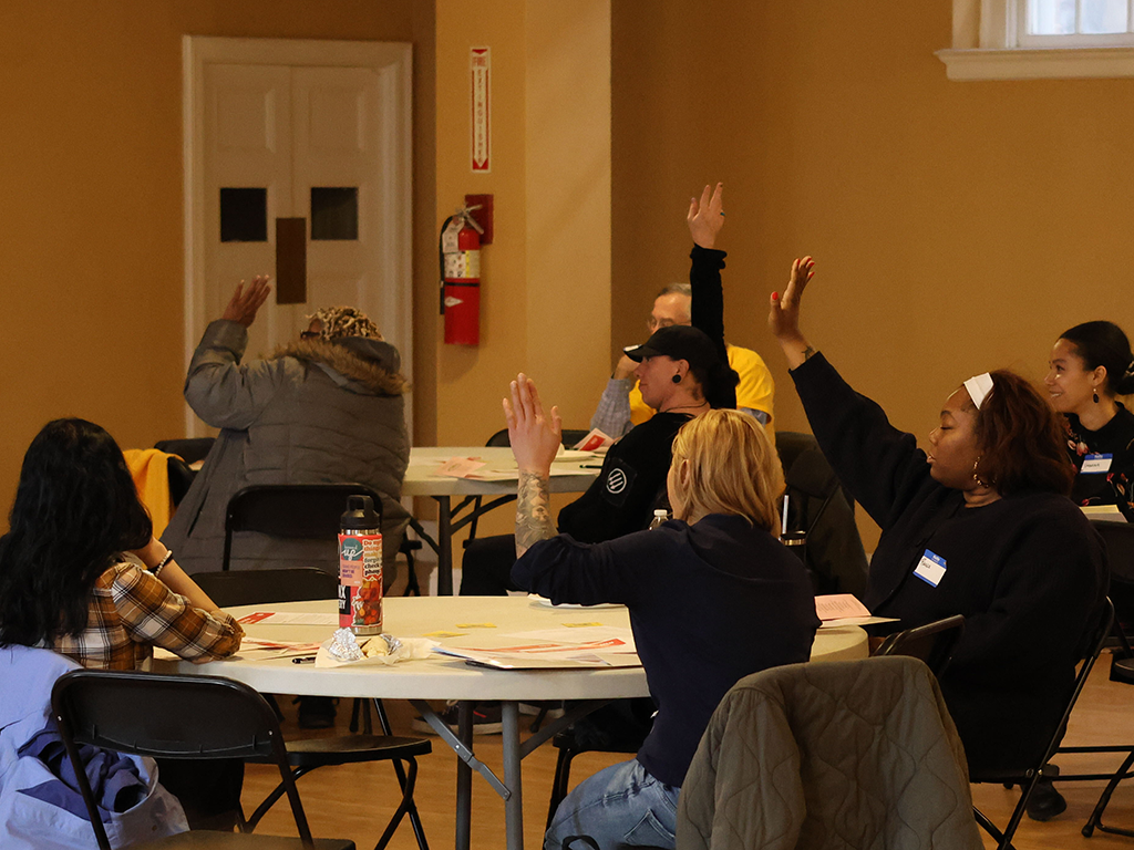 Photo of activists raising hands during presentation